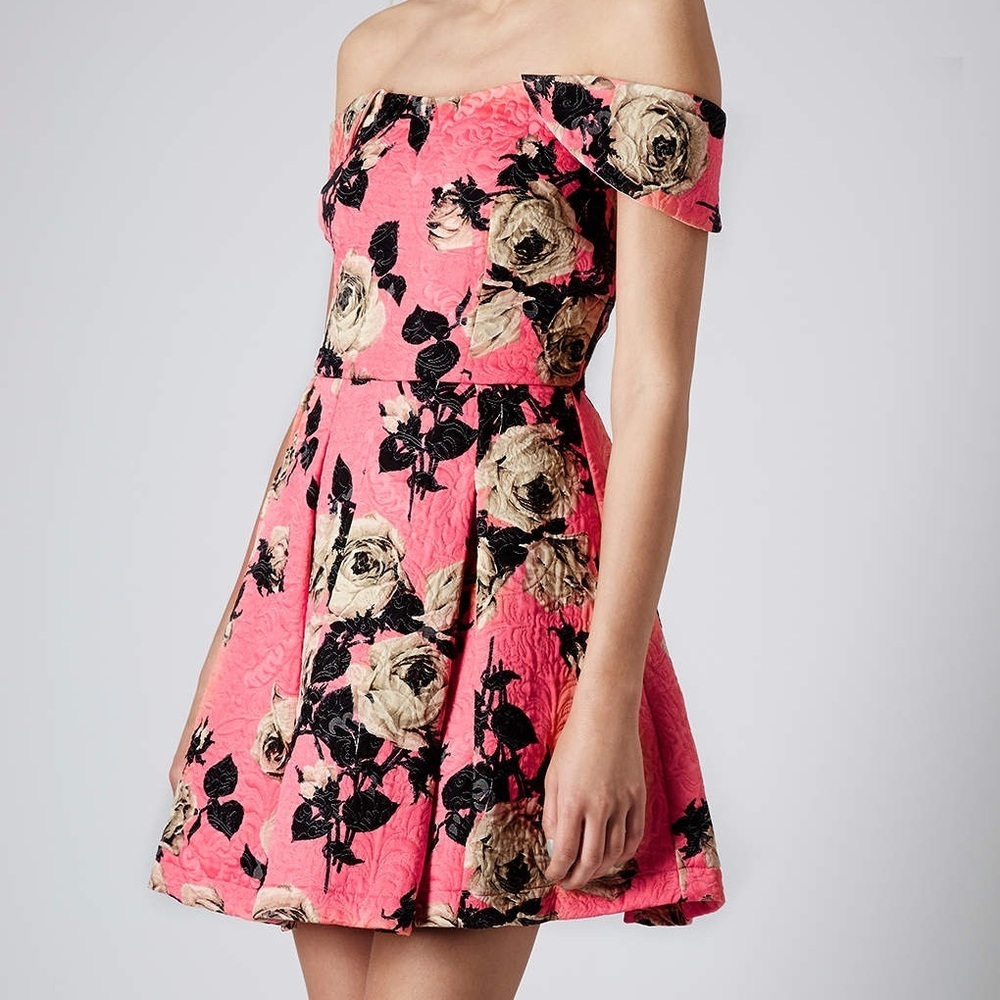 TOPSHOP Bardot Floral Dress Pink Rose Off Shoulder NWT